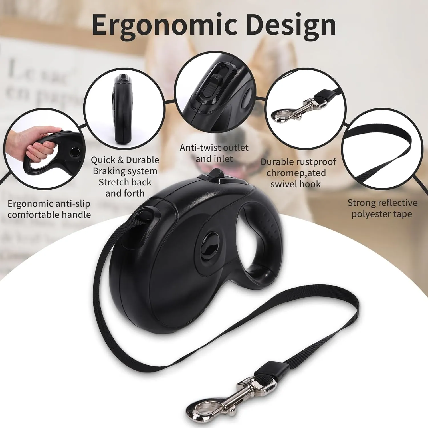 Retractable Dog Leash with Anti-Slip Soft Grip 16 ft Heavy Duty Reflective Nylon Tape Lead for Pets up to 88lbs Long Dog Leash with Anti-Twist Protection One-Handed Quick-Lock Braking System (Black)
