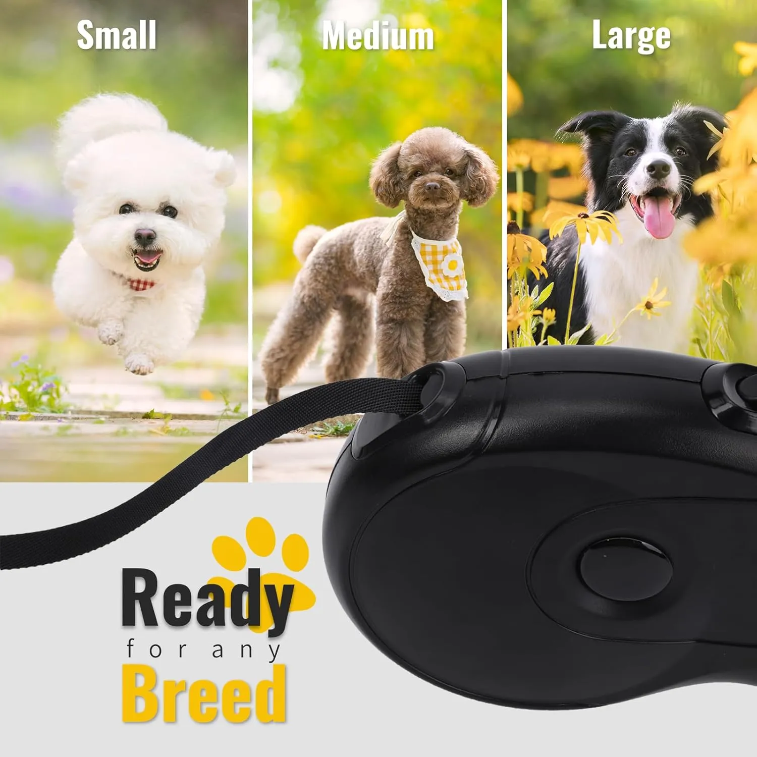 Retractable Dog Leash with Anti-Slip Soft Grip 16 ft Heavy Duty Reflective Nylon Tape Lead for Pets up to 88lbs Long Dog Leash with Anti-Twist Protection One-Handed Quick-Lock Braking System (Black)