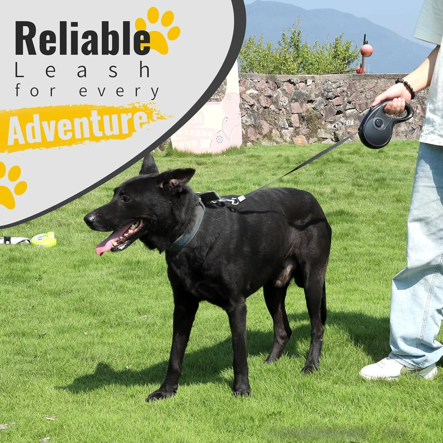 Retractable Dog Leash with Anti-Slip Soft Grip 16 ft Heavy Duty Reflective Nylon Tape Lead for Pets up to 88lbs Long Dog Leash with Anti-Twist Protection One-Handed Quick-Lock Braking System (Black)