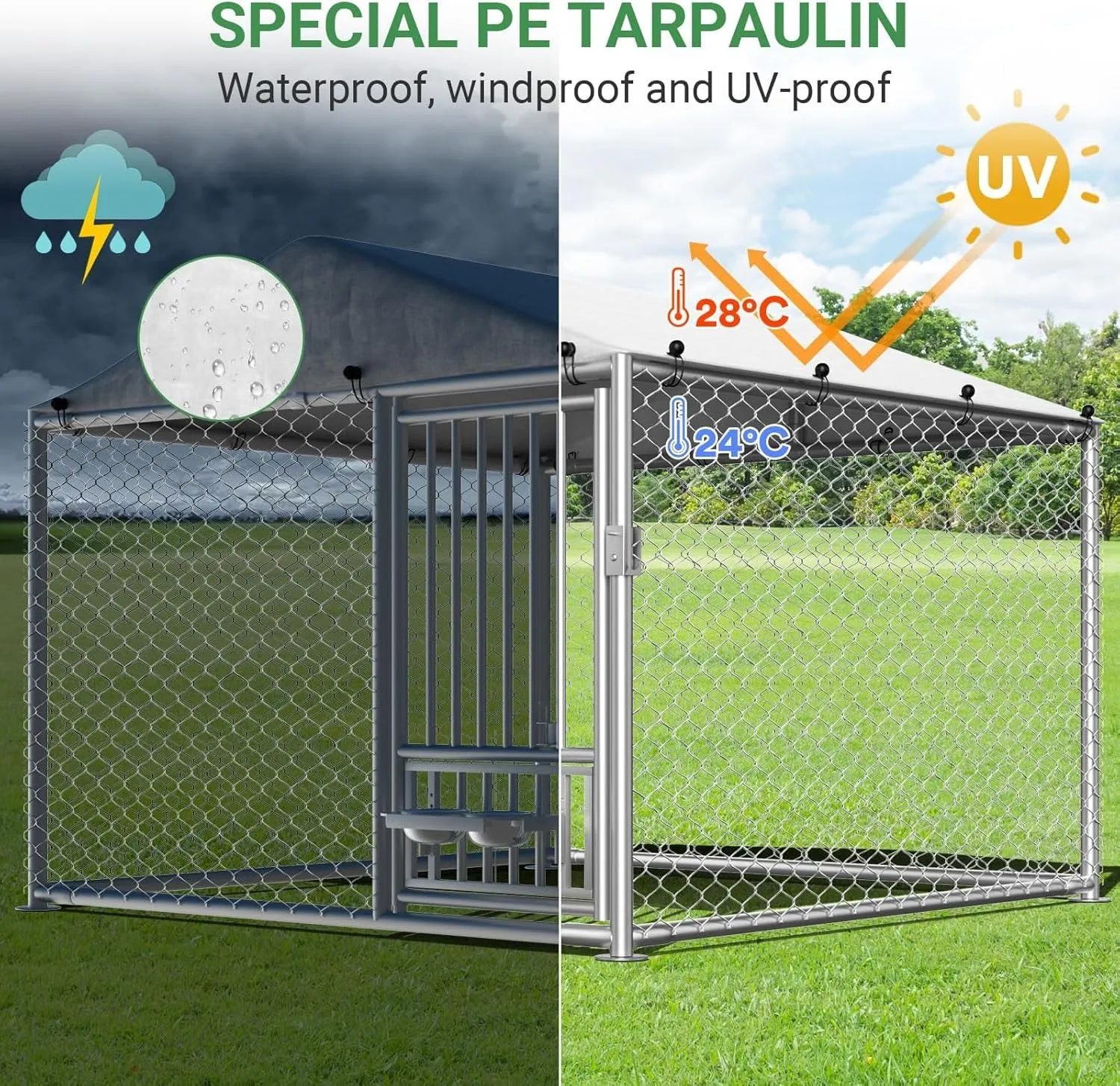 Rovibek 6.7'6.7' Outdoor Dog Kennel with Roof, Outside Dog Kennel with Waterproof Sunproof Cover, Dog Kennels Outdoor and Enclosure with 2 Stainless Steel Bowls