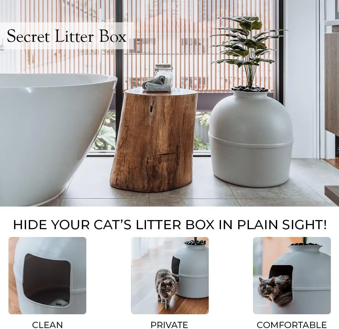 Secret Litter Box by Bundle & Bliss - Hidden Litter Box Enclosure, Patented Design with Odor Control, Includes Faux Plant, Carbon Filter and Real Stones