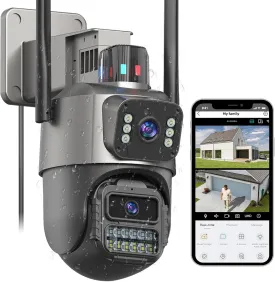 Security Camera Outdoor, 6MP Dual Lens WiFi Outside Camera for Home Security, 24/7 Recording Camera with IP66 Waterproof, 3 Color Night, Motion Tracking, Light Alarm, SD/Cloud