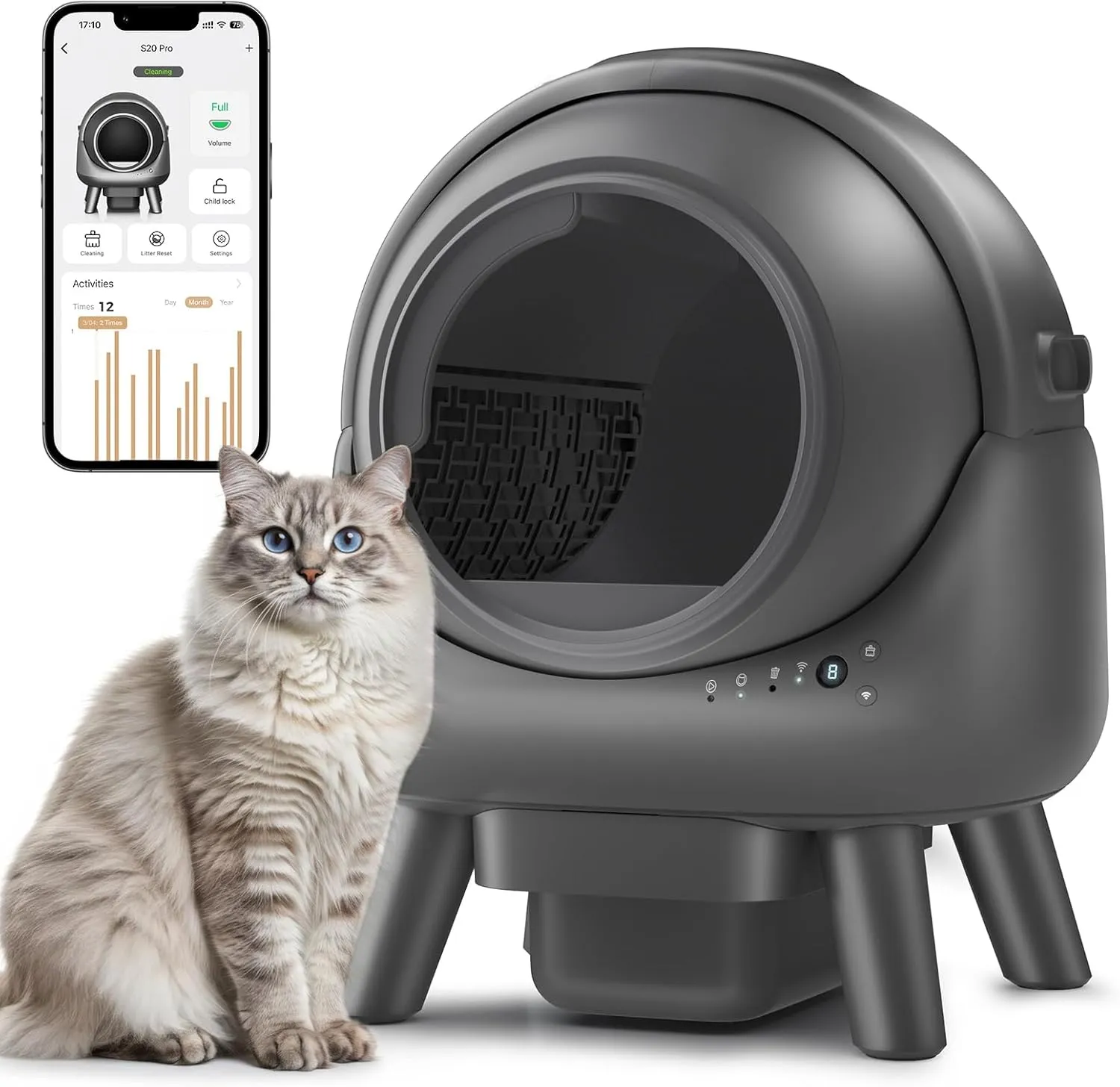 Self Cleaning Litter Box, Automatic Cat Litter Box with APP Control,Multi-Cat Compatible,1 Roll of Garbage Bags and Mat,Gray-1