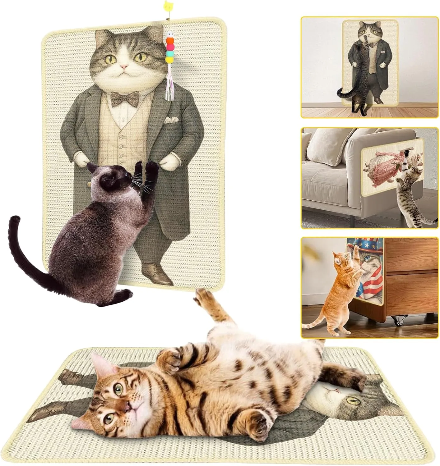 Sisal Cat Scratcher Mat,Decorative 22" x 13"Scratching Pad with Velcro Tape and Toy,Wear Resistant Cat Scratching Wall Scratchers for Floor Carpet Couch Furniture (Suit Cat)