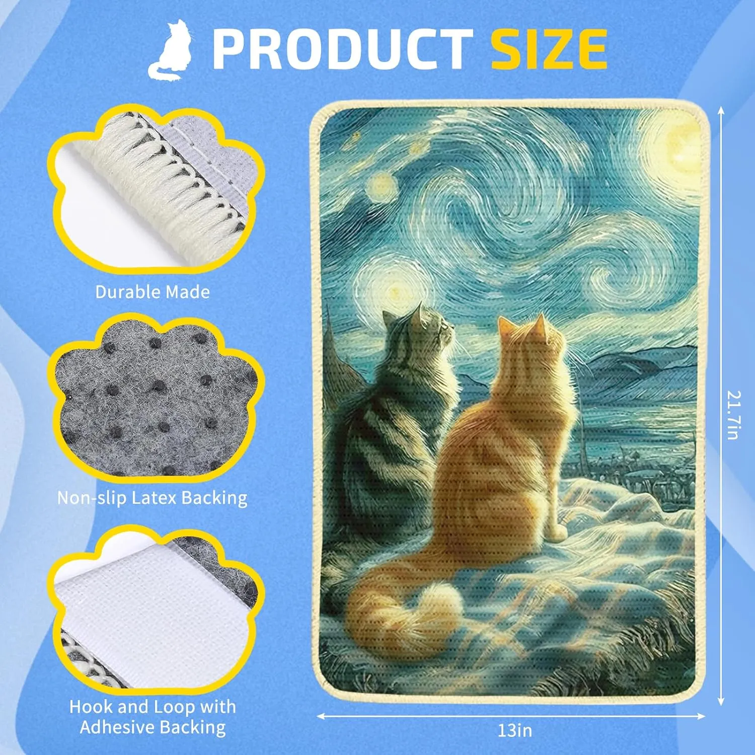 Sisal Cat Scratcher Mat,Decorative 22" x 13"Scratching Pad with Velcro Tape and Toy,Wear Resistant Cat Scratching Wall Scratchers for Floor Carpet Couch Furniture (Suit Cat)