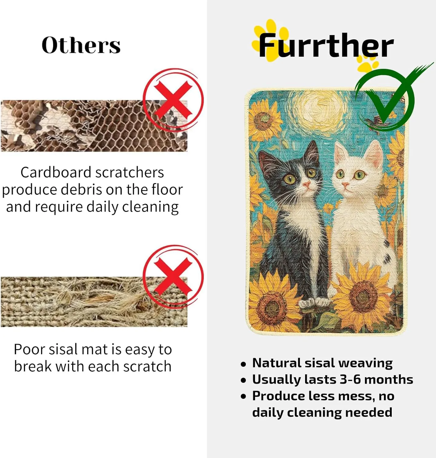 Sisal Cat Scratcher Mat,Decorative 22" x 13"Scratching Pad with Velcro Tape and Toy,Wear Resistant Cat Scratching Wall Scratchers for Floor Carpet Couch Furniture (Suit Cat)