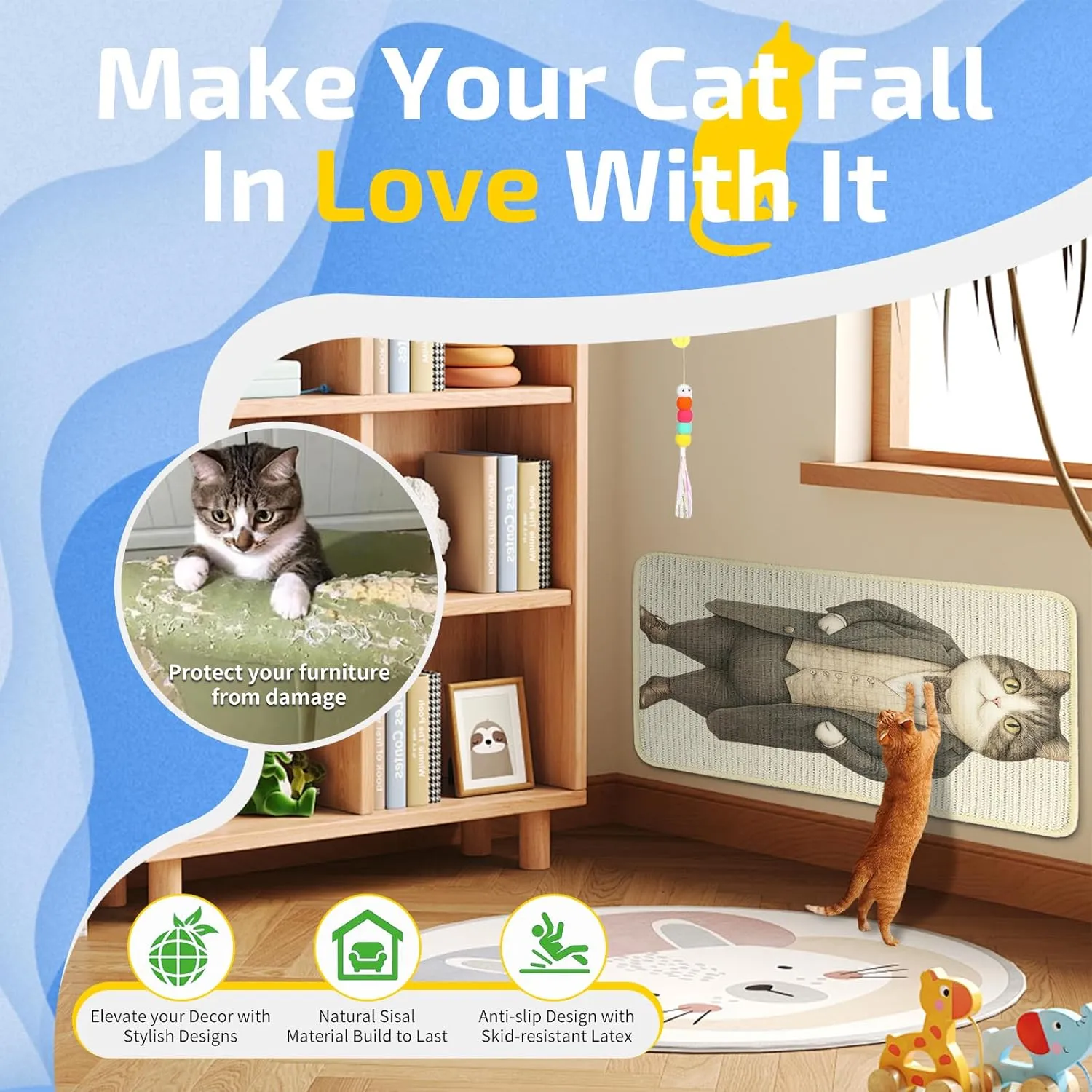Sisal Cat Scratcher Mat,Decorative 22" x 13"Scratching Pad with Velcro Tape and Toy,Wear Resistant Cat Scratching Wall Scratchers for Floor Carpet Couch Furniture (Suit Cat)