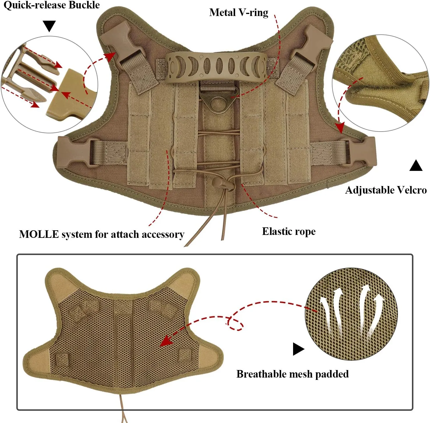 Tactical Dog Training Harness Outdoor Working Vest Adjustable Military MOLLE Dog Vest Harness with Rubber Handle