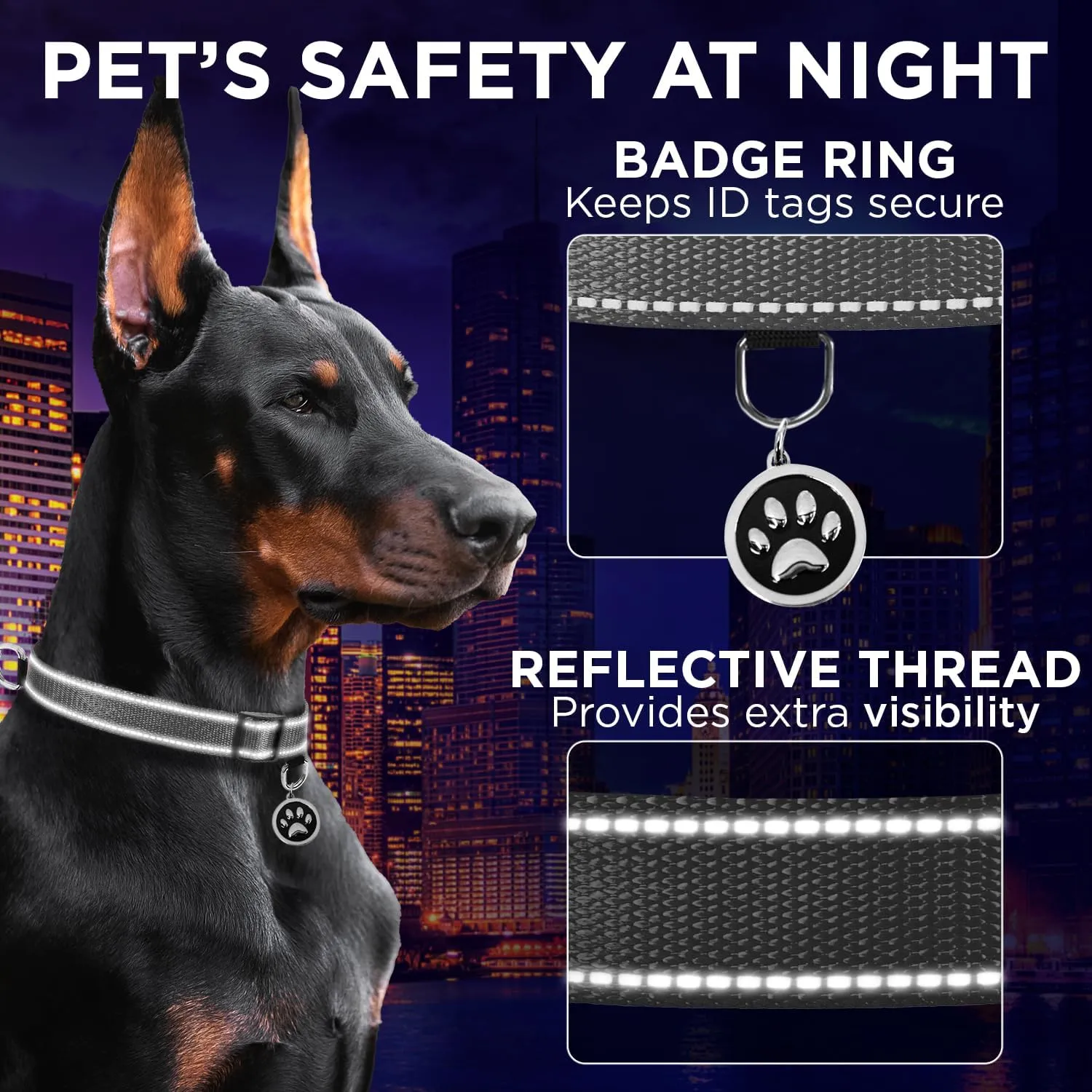 TECEUM Reflective Dog Collar  Gray  L  Extra Soft Padding  Basic Nylon Pet Collar  Quick Release Buckle  Fits Small, Medium and Large Dogs, Puppies, Cats  ESA & Service Dog Options