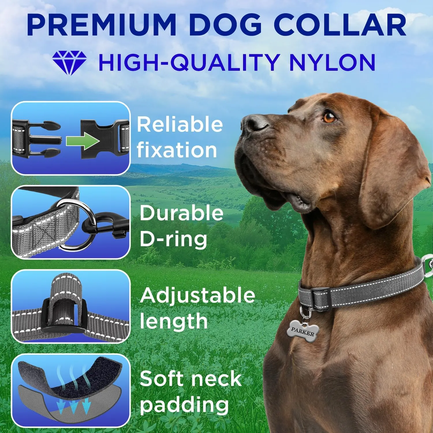 TECEUM Reflective Dog Collar  Gray  L  Extra Soft Padding  Basic Nylon Pet Collar  Quick Release Buckle  Fits Small, Medium and Large Dogs, Puppies, Cats  ESA & Service Dog Options