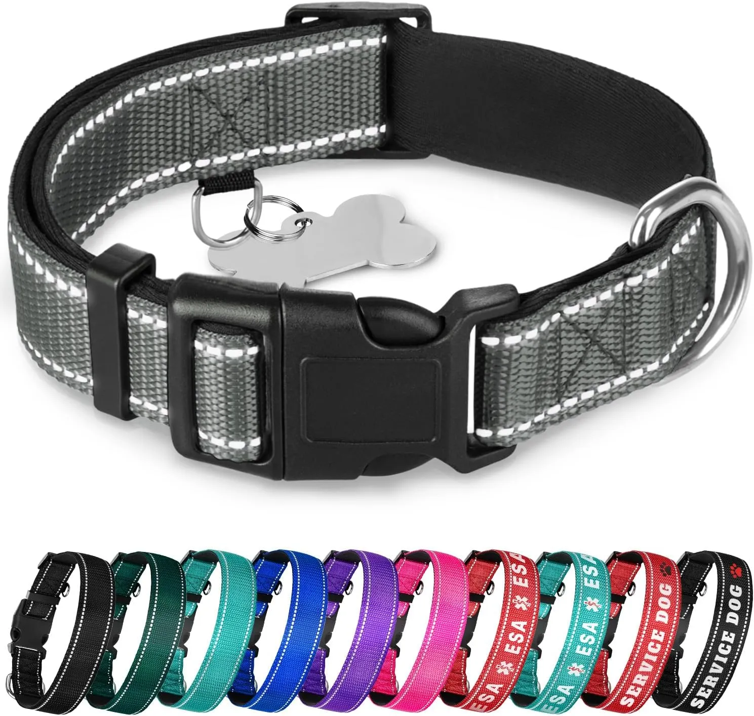 TECEUM Reflective Dog Collar  Gray  L  Extra Soft Padding  Basic Nylon Pet Collar  Quick Release Buckle  Fits Small, Medium and Large Dogs, Puppies, Cats  ESA & Service Dog Options
