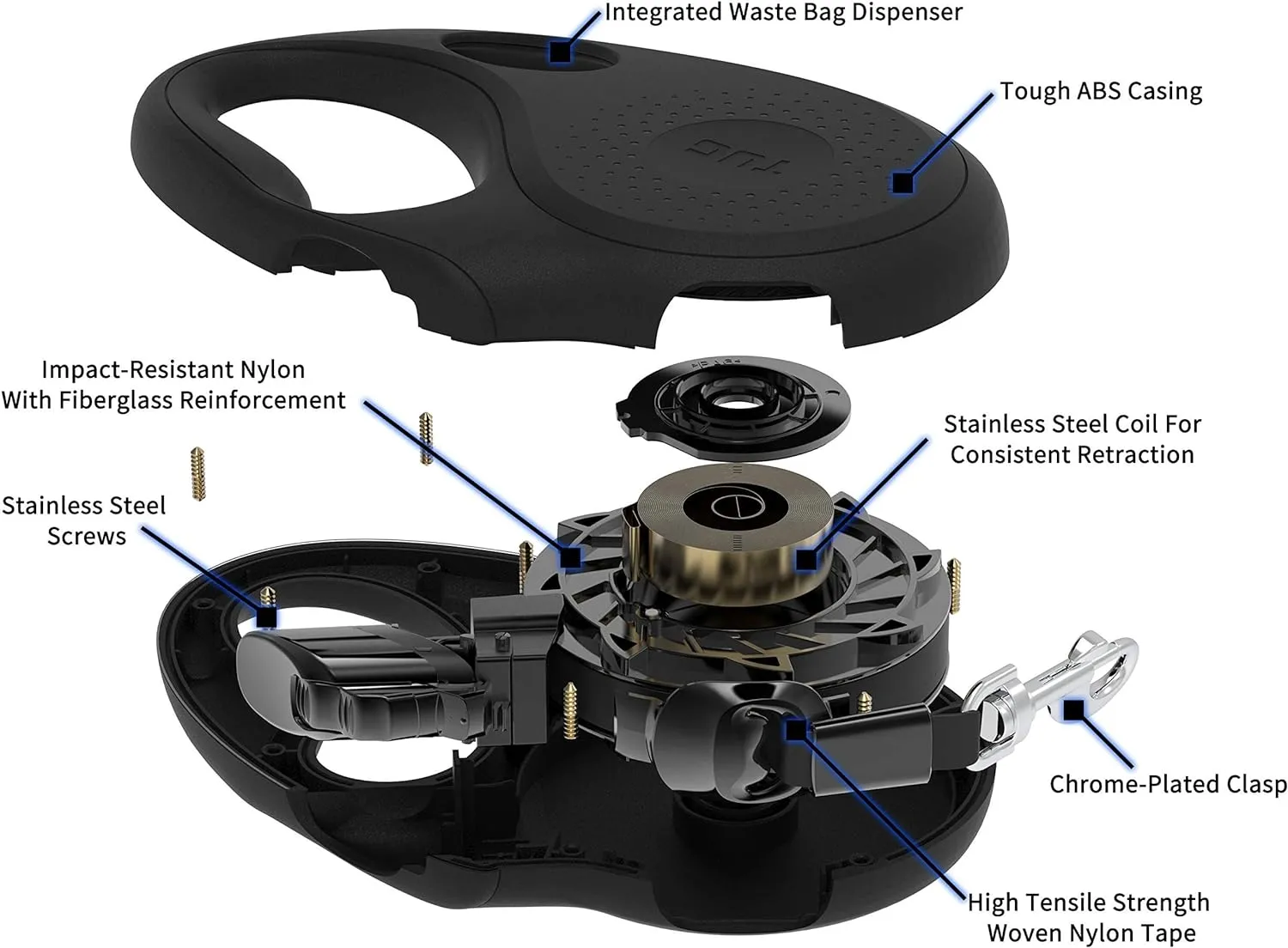 TUG Oval 360 Tangle-Free Retractable Dog Leash with Integrated Waste Bag Dispenser (Medium, Black)