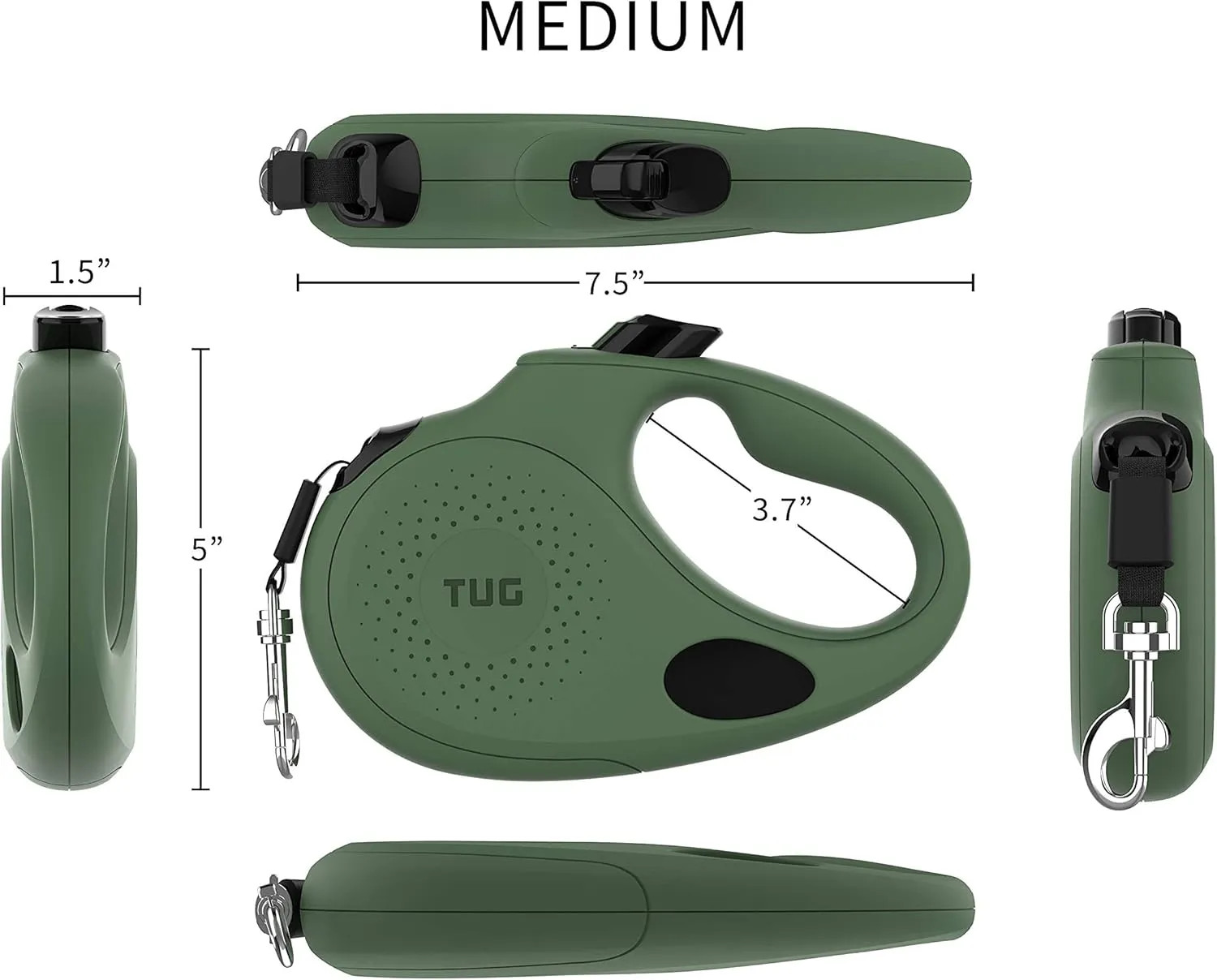 TUG Oval 360 Tangle-Free Retractable Dog Leash with Integrated Waste Bag Dispenser (Medium, Green)