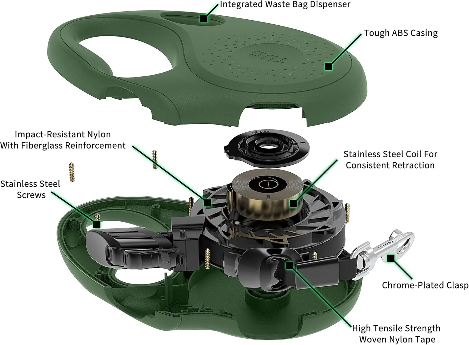 TUG Oval 360 Tangle-Free Retractable Dog Leash with Integrated Waste Bag Dispenser (Medium, Green)