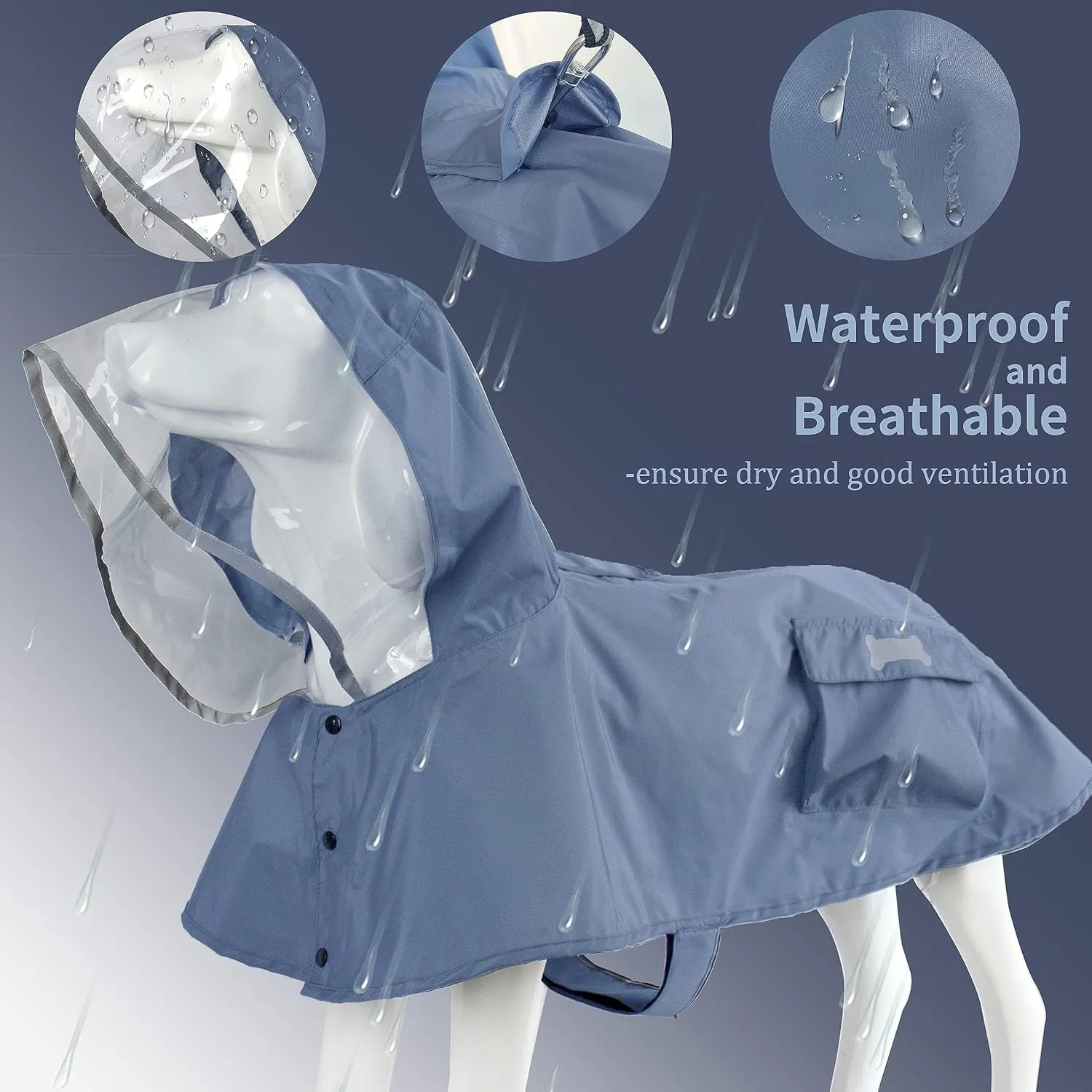 Waterproof Dog Raincoat, Adjustable Reflective Lightweight Pet Rain Clothes with Poncho Hood(XX-Large, Blue&Grey)