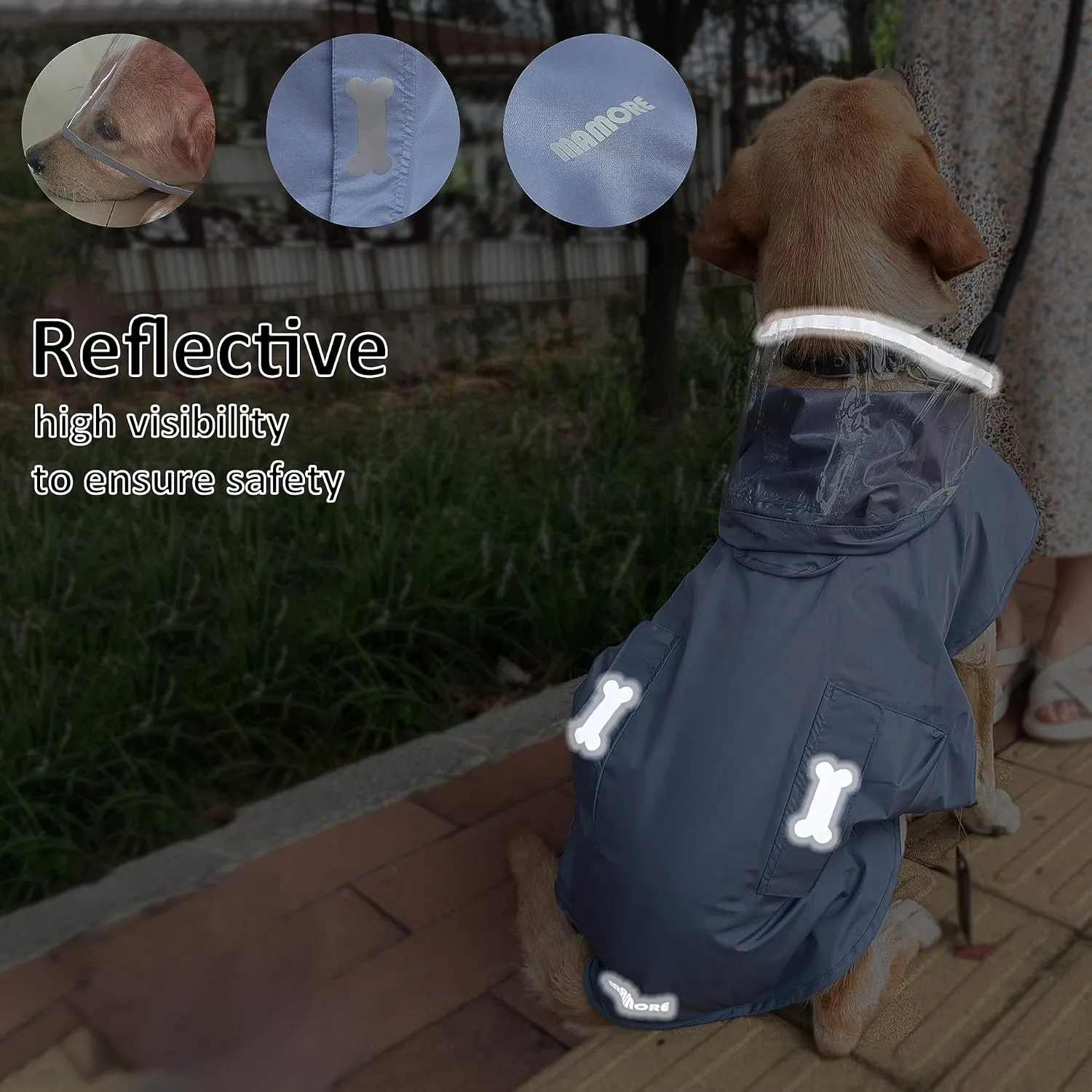Waterproof Dog Raincoat, Adjustable Reflective Lightweight Pet Rain Clothes with Poncho Hood(XX-Large, Blue&Grey)