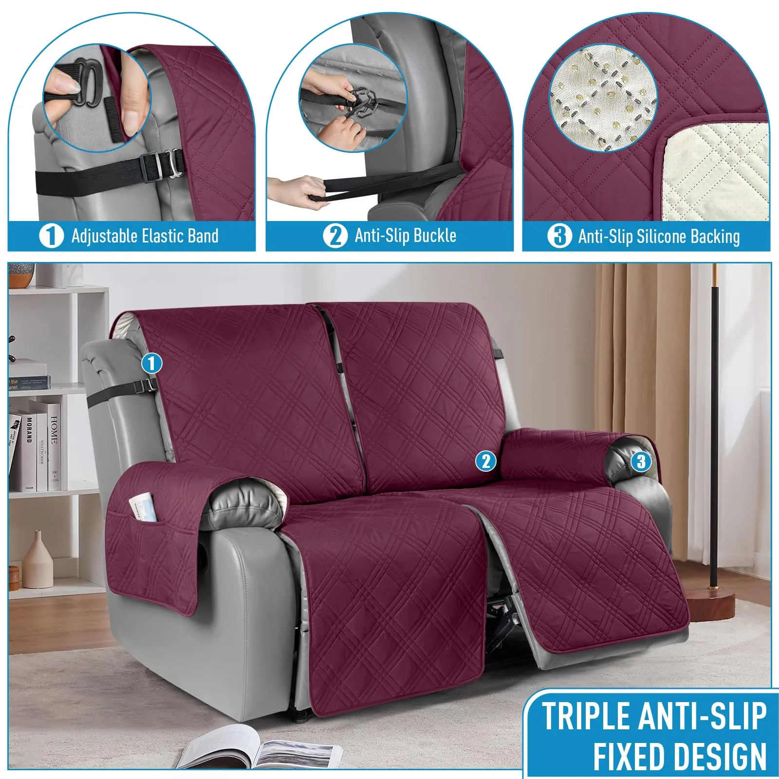 Waterproof Recliner Chair Cover with Double Straps (2 Seater)
